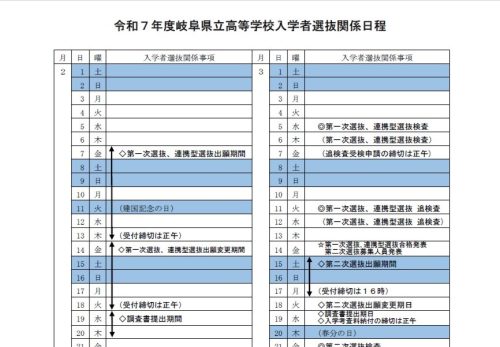 第一次選抜、連携型選抜出願期間　＊令和７年度岐阜県立高等学校入学者選抜